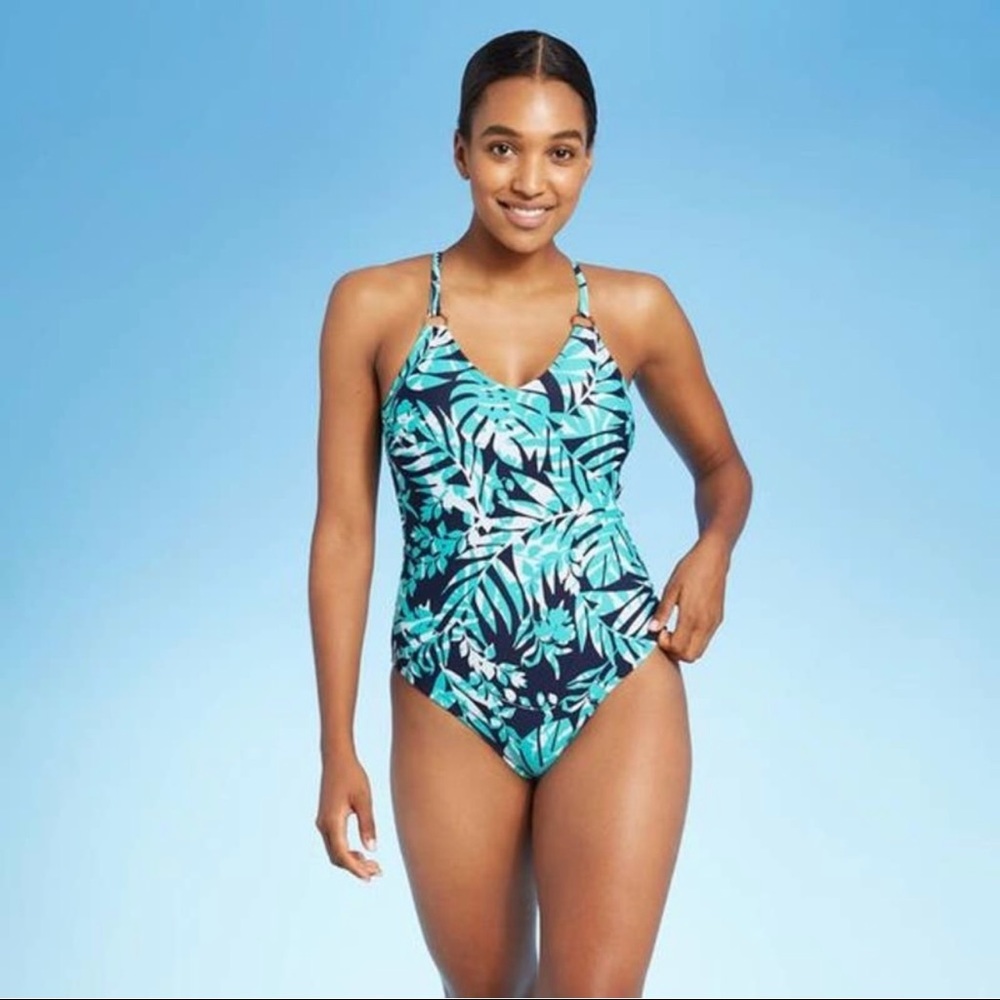 Large Kona Sol Blue Palm Leaf Ring Detail Loop Back One Piece Swimsuit Swimwear